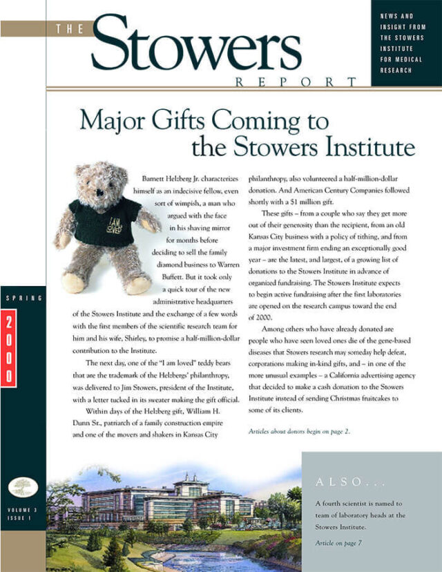 Cover of the 2000 Spring Stowers Report, the newsletter of the Stowers Institute