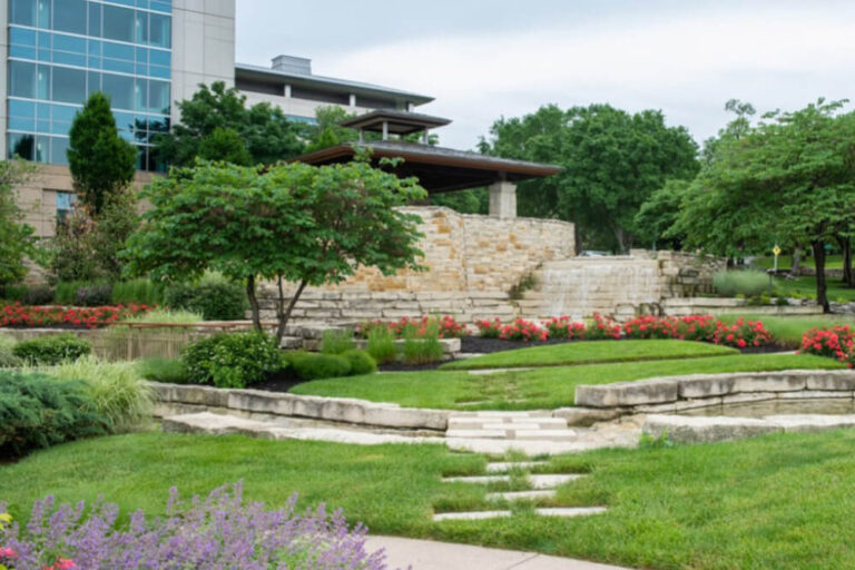 View of Stowers facility building with landscaping